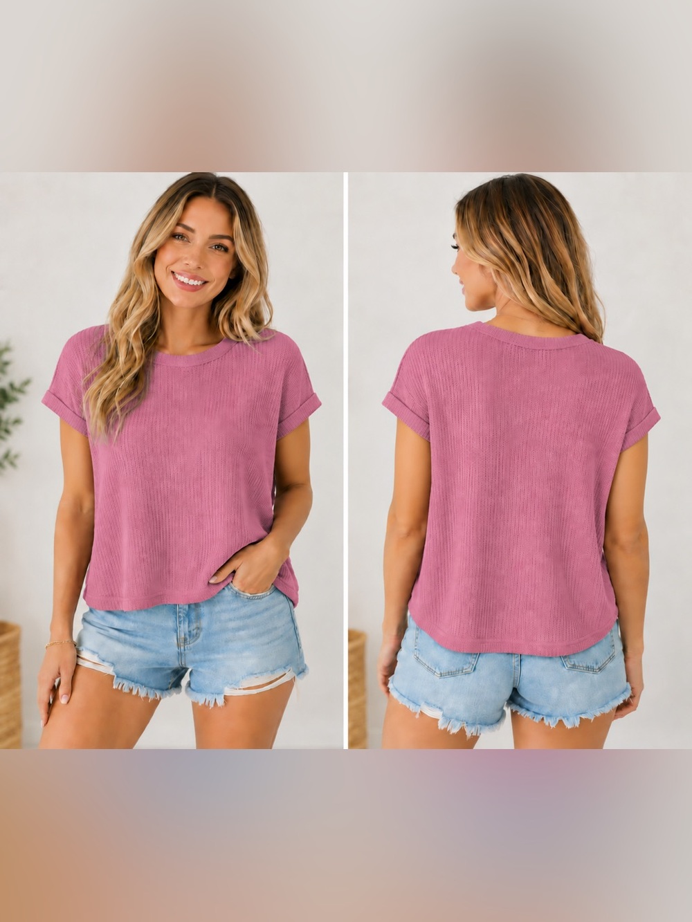 Zenana Mauve Pink Textured Knit Cuffed Sleeve Top